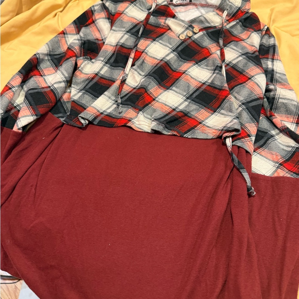 Maternity Top / nursing top /  Plaid Button-Up hoodie / burgundy-plaid size L